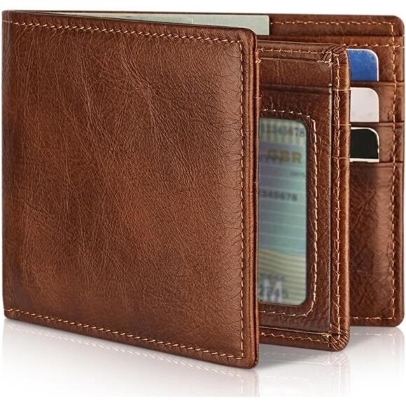 Mens Leather Bifold Wallet RFID Blocking 13 Card Holder 2 Cash Pockets ID Window - Picture 1 of 7